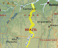 Map showing Rio Xingu flowing north into the Amazon